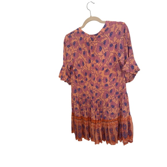 Petal + Pup Mini Dress 4 Peach Floral Paisley Tiered Boho Cottagecore Pockets - Picture 2 of 10